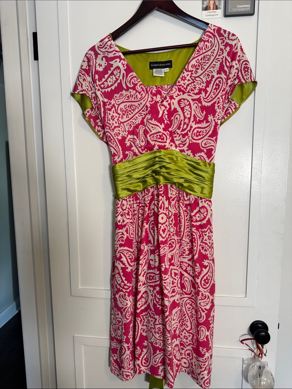 EUC Donna Morgan Pink Paisley Floral Midi Dress with Green Sash 14